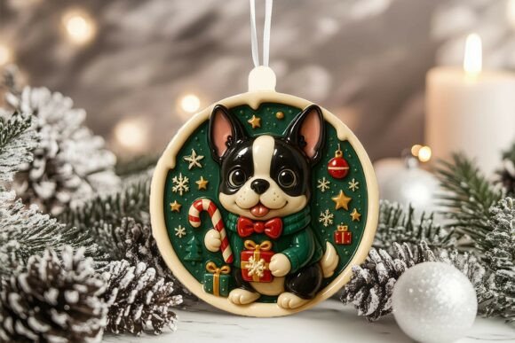 3D Boston Terrier Dog Xmas Ornament: A Festive Graphic for Handmade Creations