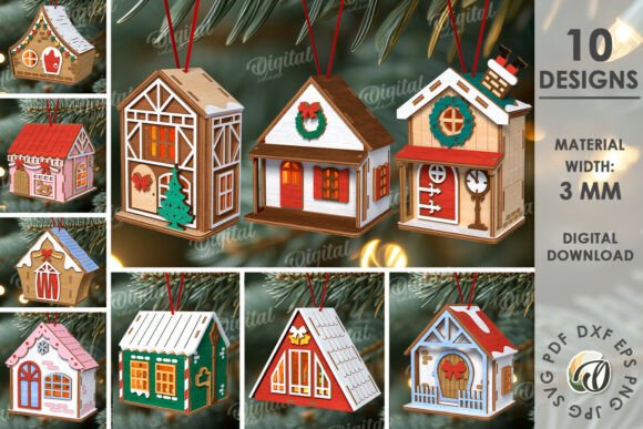 3D Christmas House Tree Ornaments Bundle: Laser Cutting and Winter Amp