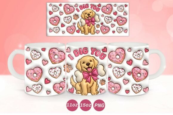 3D Inflated Valentine Dog Mug Wrap PNG Graphics and Crafts