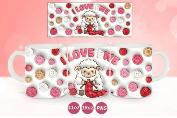3D Inflated Valentine Sheep Mug Wrap PNG Graphics and Crafts