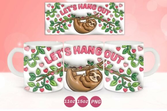 3D Inflated Valentine Sloth Mug Wrap PNg Graphics