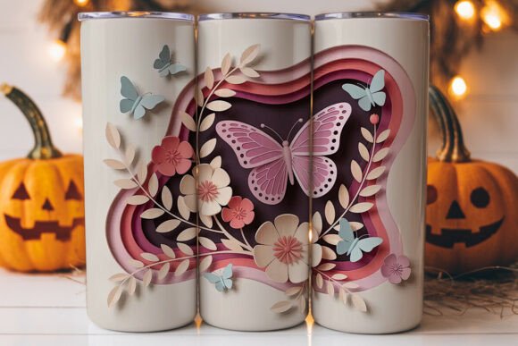 3D Paper Butterflies Flowers Tumbler Graphics and Tumbler Wraps