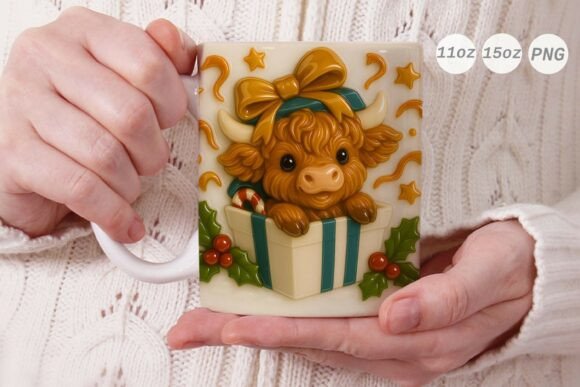 3D Porcelain Highland Cow Xmas Mug Wrap Graphics and Crafts