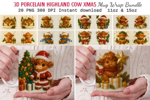 3D Porcelain Highland Cow Xmas Mug Wraps Graphics and Crafts