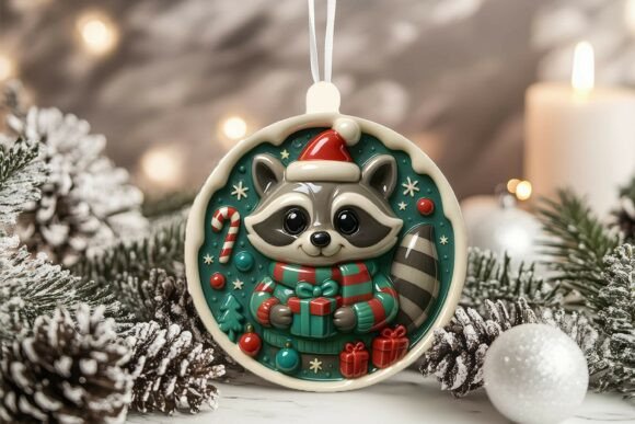 3D Porcelain Raccoon Christmas Ornament Graphics and Illustrations
