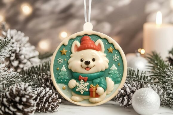3D Porcelain Samoyed Dog Xmas Ornament Graphics and Illustrations