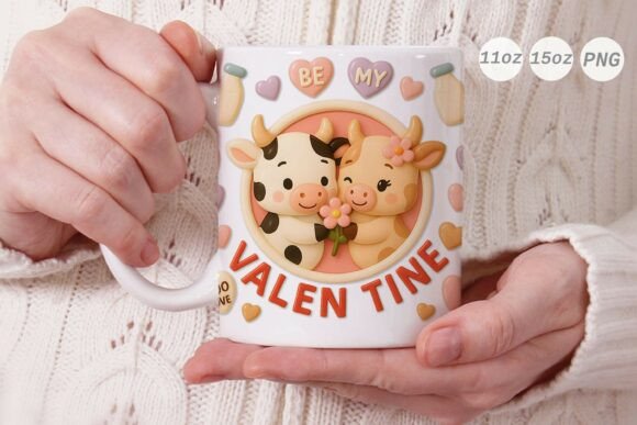 3D Valentine Cow Couple Mug Wrap PNG Graphics