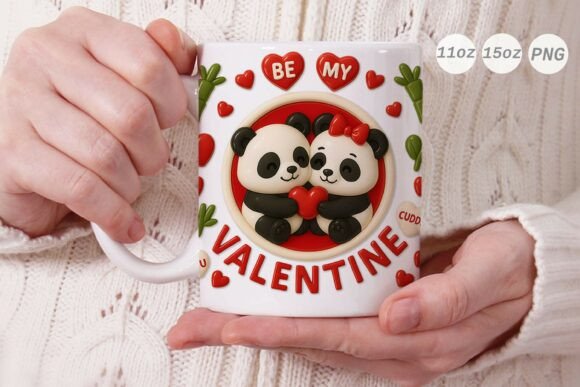 3D Valentine Panda Couple Mug Wrap PNG