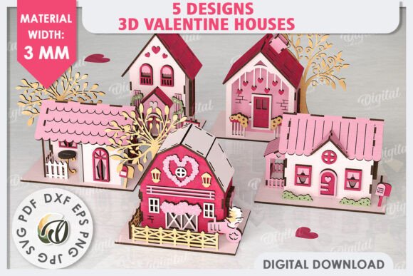 3D Valentine s Houses Laser Cut Bundle for Branding