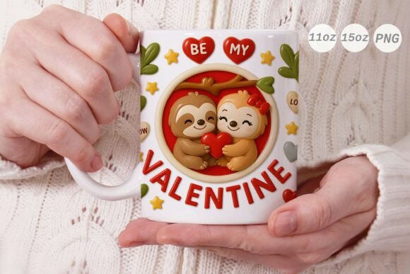 3D Valentine Sloth Couple Mug Wrap PNG: A Unique Graphic Design Asset for Creative Branding