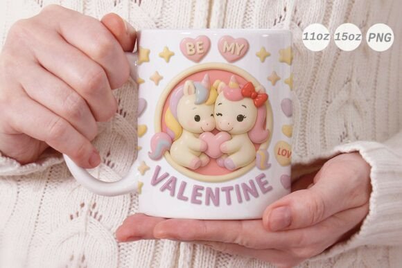 3D Valentine Unicorn Couple Mug Wrap PNG