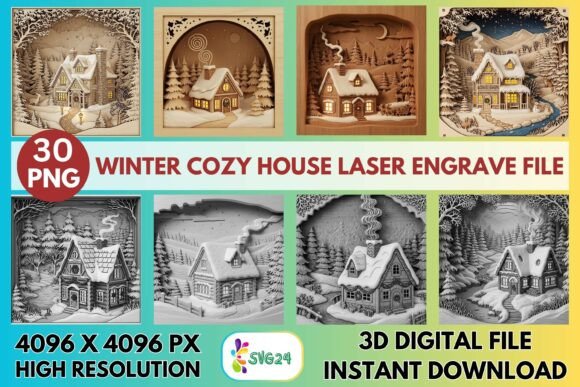 3D Winter Cozy House Graphic for Laser Engraving Projects